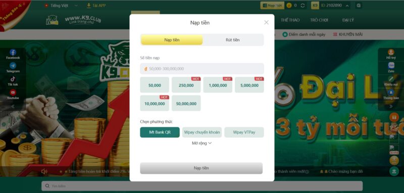Nhiều phương thức nạp tiền K8CC cho người chơi